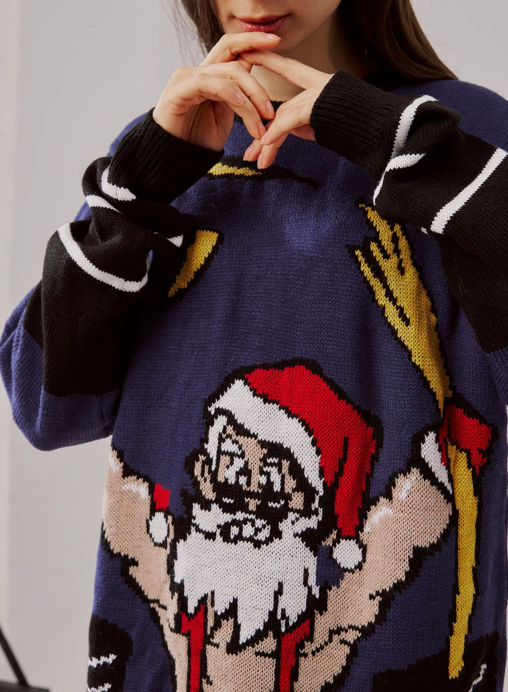 Pullover Sweater with Knitted Embroidered Super Santa Muscle Santa Christmas Pattern Ugly Christmas Sweater