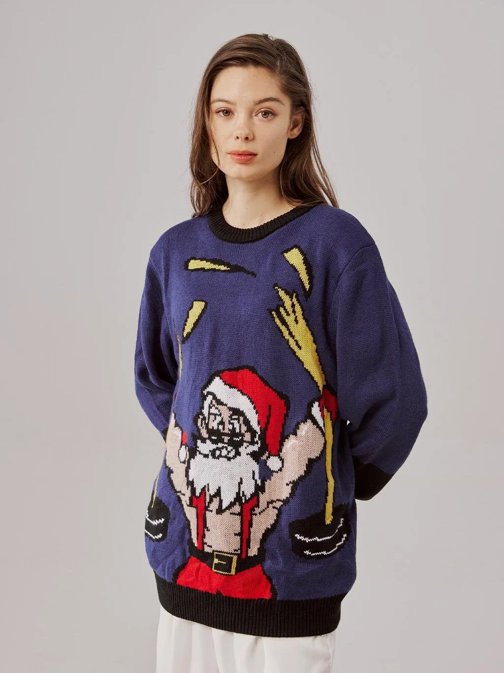 Pullover Sweater with Knitted Embroidered Super Santa Muscle Santa Christmas Pattern Ugly Christmas Sweater