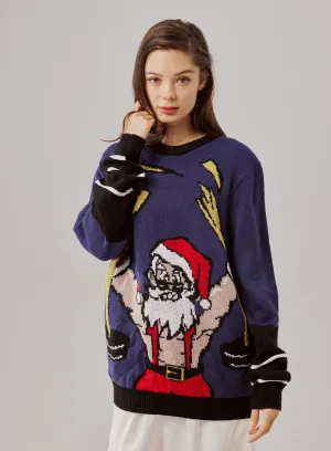 Pullover Sweater with Knitted Embroidered Super Santa Muscle Santa Christmas Pattern Ugly Christmas Sweater