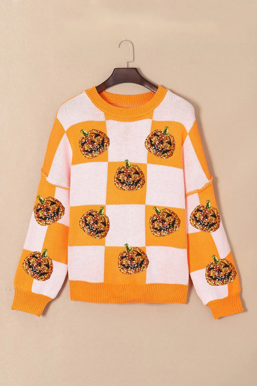 Pumpkin Checkered Round Neck Long Sleeve Sweater