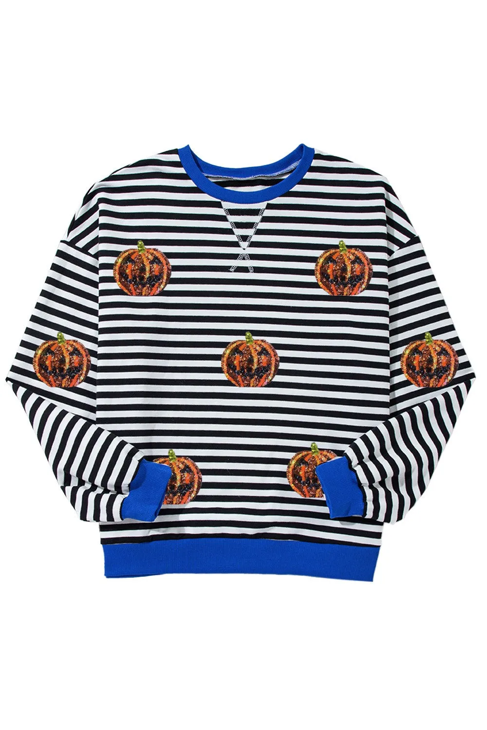 Pumpkin Striped Round Neck Long Sleeve Sweatshirt