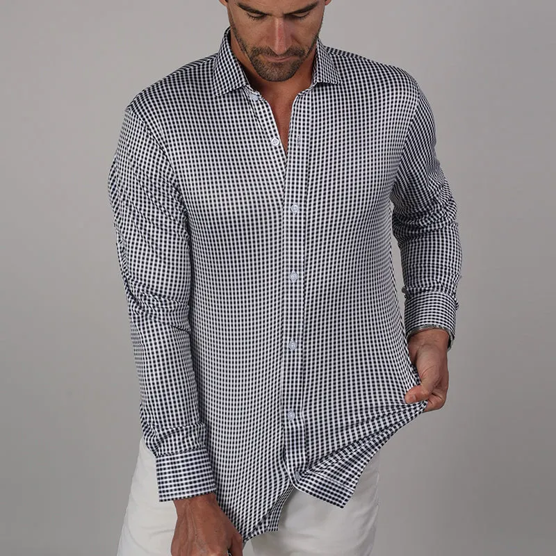 Quattro Flex Dress Shirt with Semi-Spread Collar Black Gingham