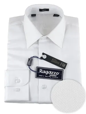 Ragazzo 25520 100% Cotton Boy's Dress Shirt - Slim Fit- Herringbone - White