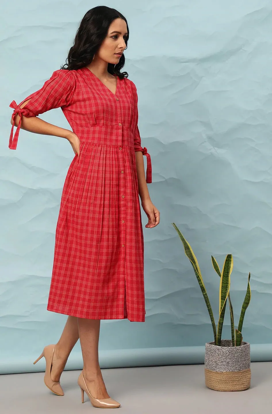 Red Cotton Checks Print Dress