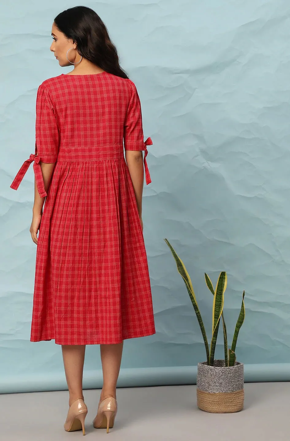 Red Cotton Checks Print Dress