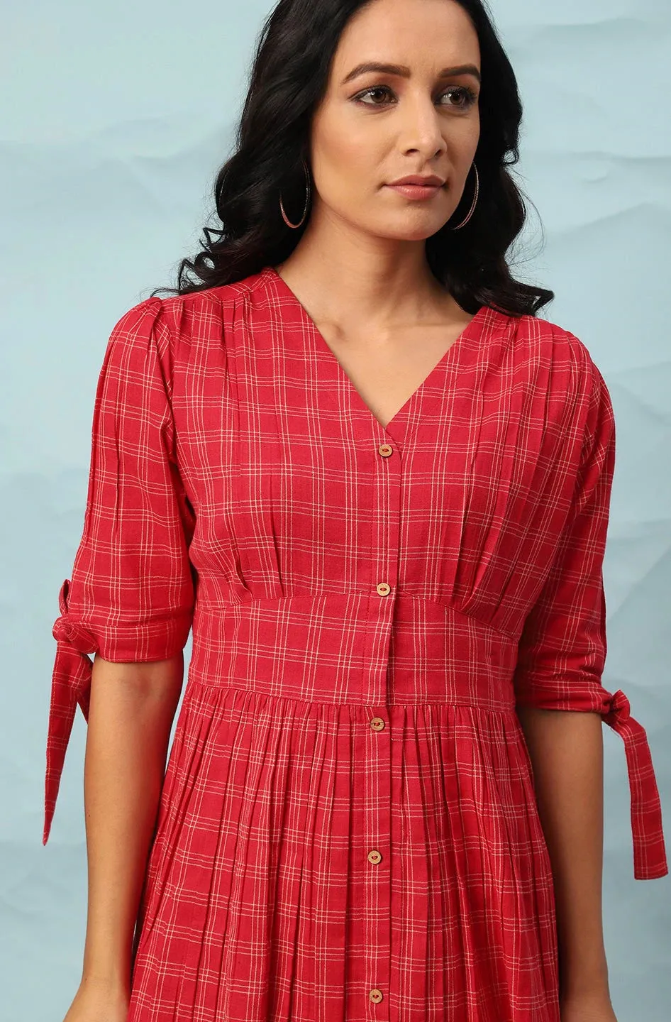 Red Cotton Checks Print Dress