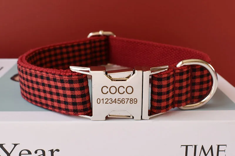 Red Shades Of Checks In Style:  Personalized Collar and Leash Set