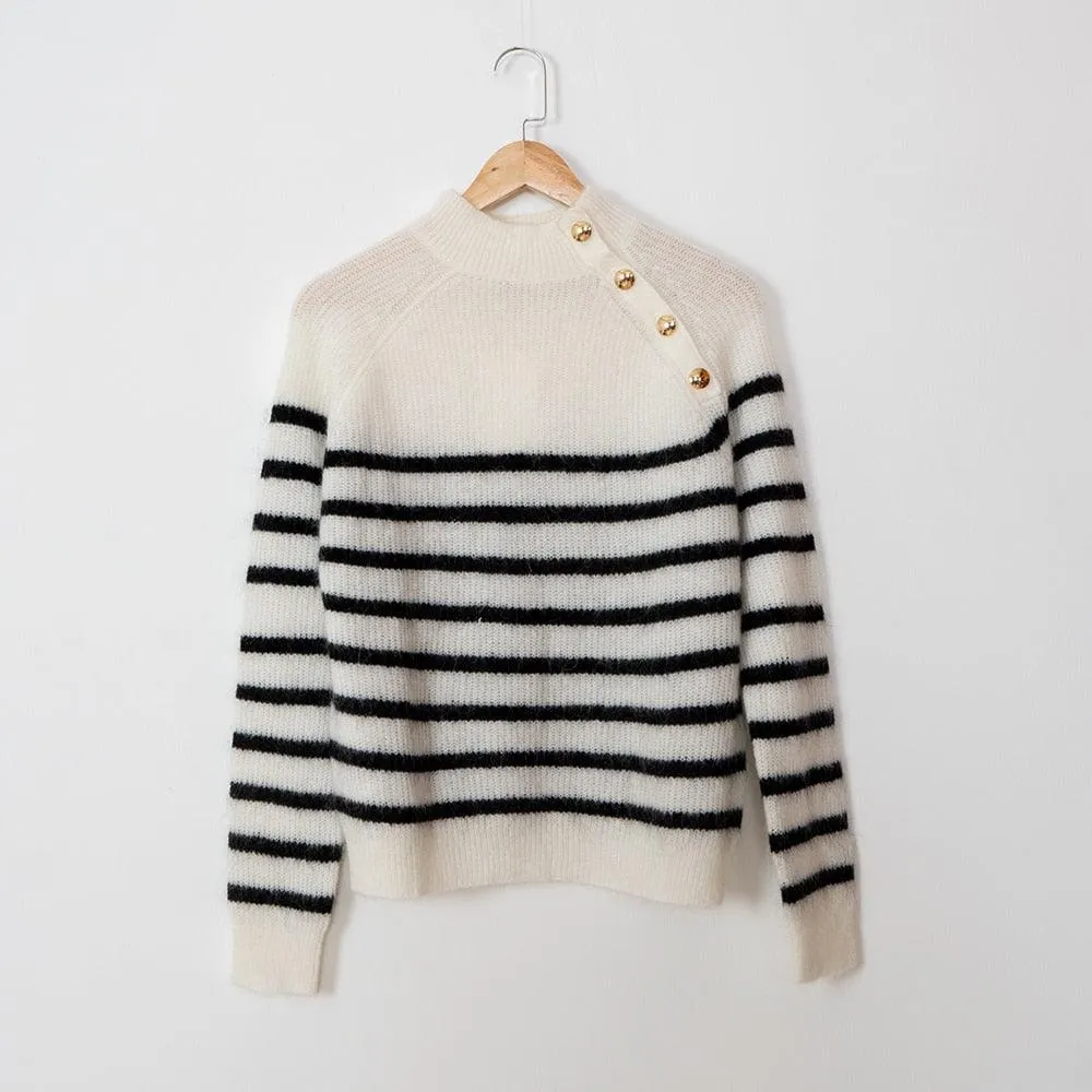 Retro High Neck Button Stripe Sweater, Women Long Sleeve Casual Warm Pullover Sweater