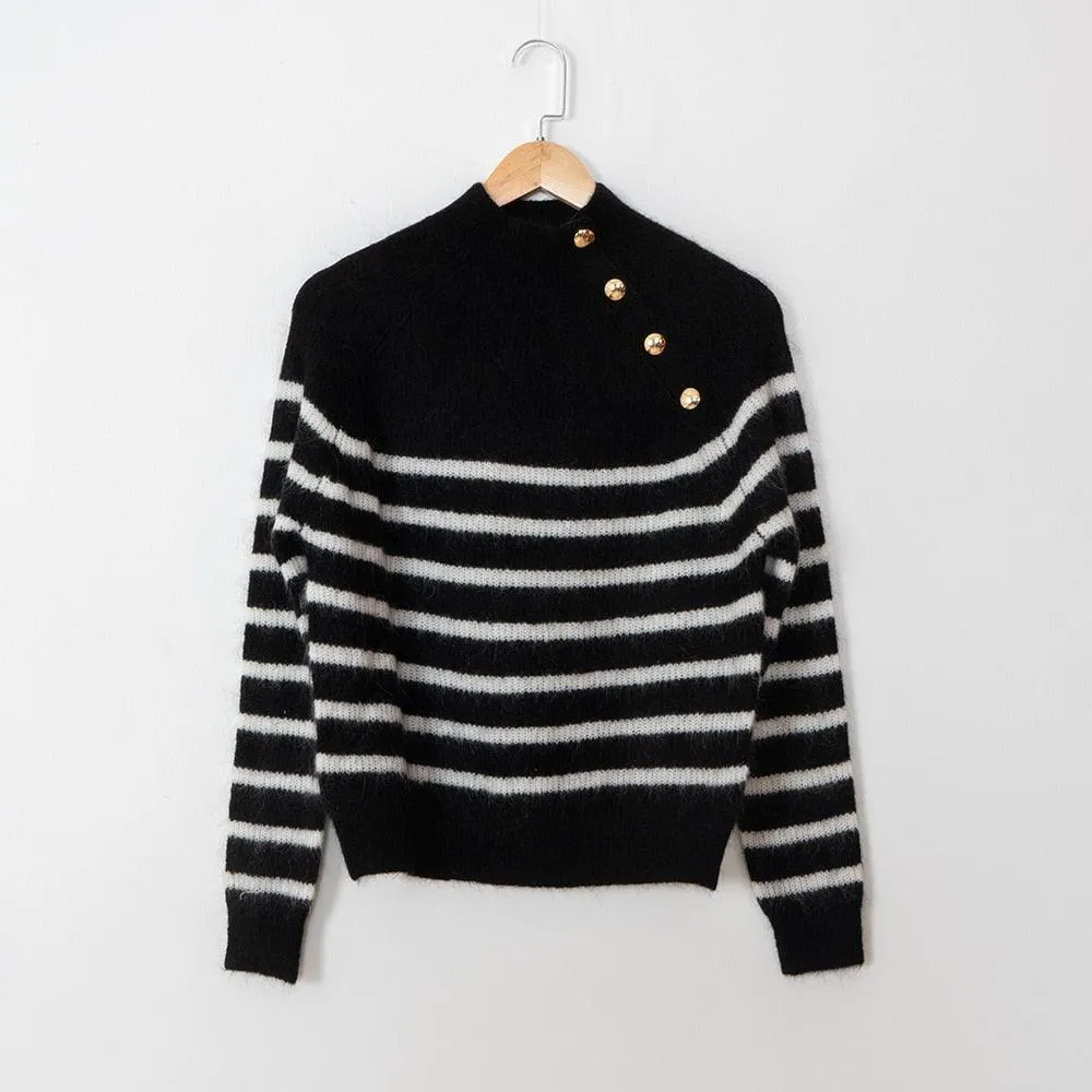 Retro High Neck Button Stripe Sweater, Women Long Sleeve Casual Warm Pullover Sweater