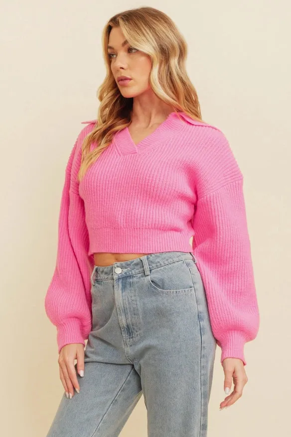 Ribbed Cropped Polo Sweater.