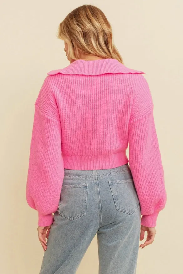 Ribbed Cropped Polo Sweater.