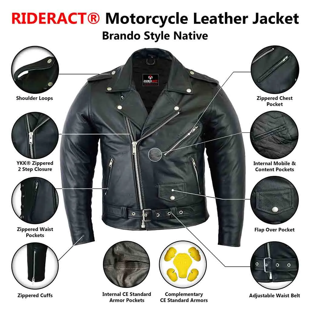 RIDERACT® Mens Leather Biker Jacket Brando Style Native