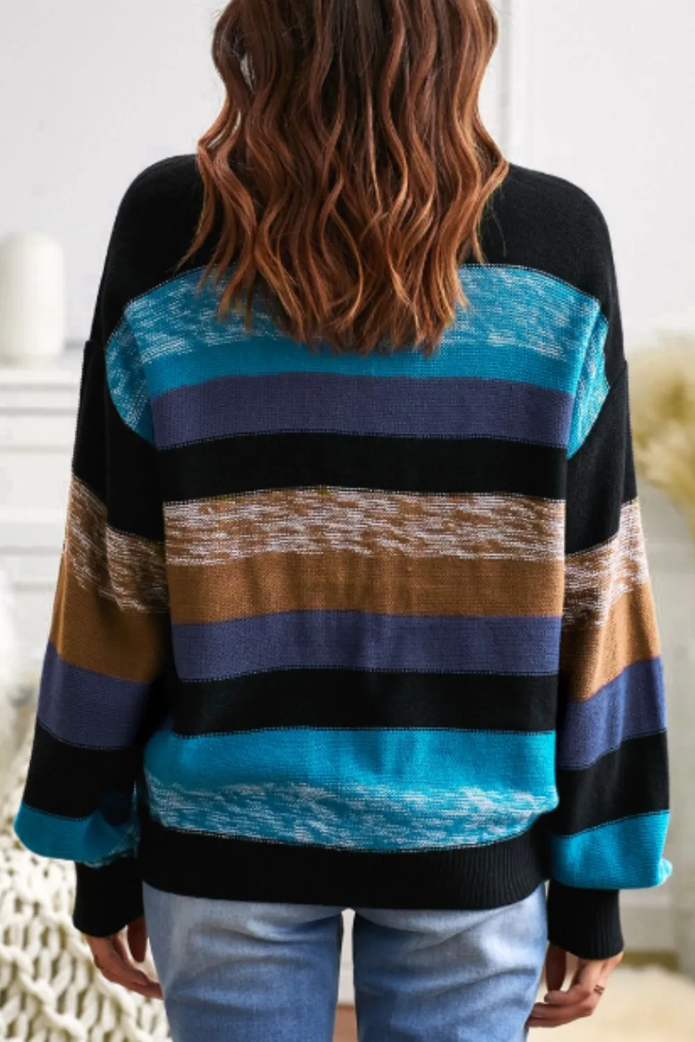 Round Neck Contrast Striped Drop Shoulder Sweater