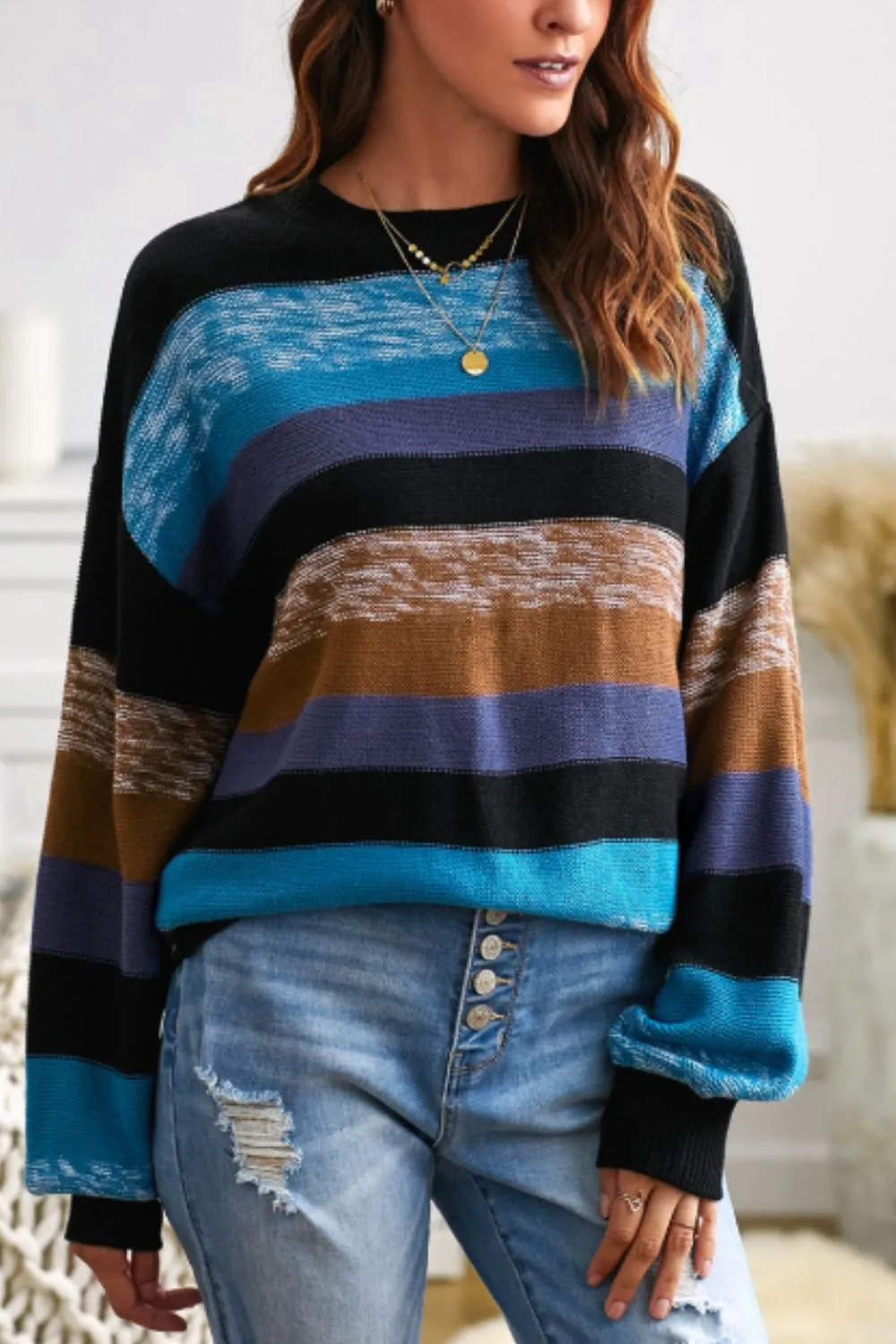 Round Neck Contrast Striped Drop Shoulder Sweater