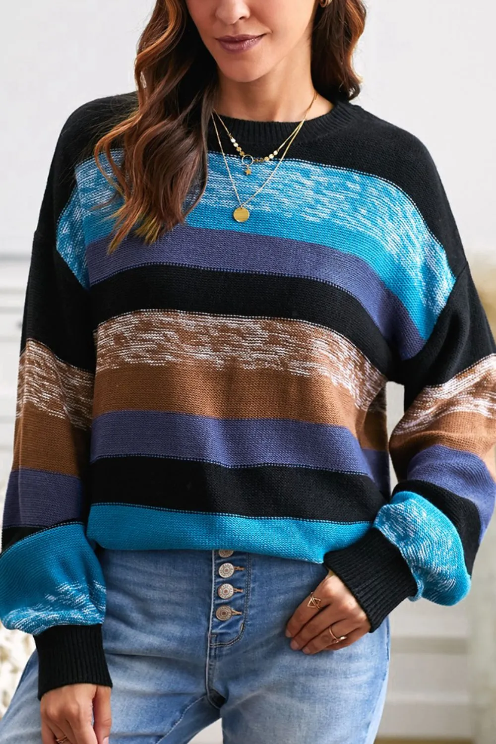 Round Neck Contrast Striped Drop Shoulder Sweater