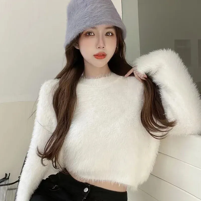 Round Neck Long Sleeve Knitted Velvet Sweater