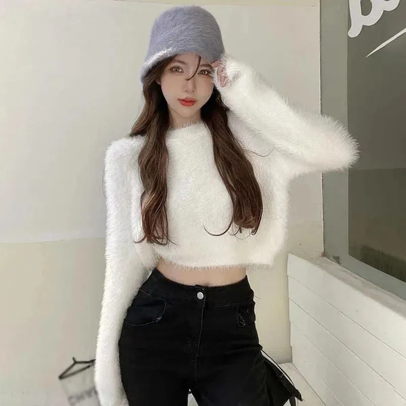 Round Neck Long Sleeve Knitted Velvet Sweater