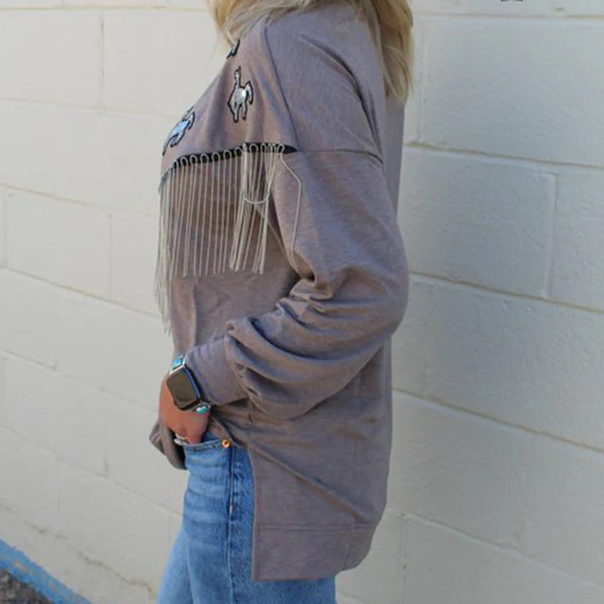 Rowdy Crowd Women's Grey with Sequins Bronc Fringe Sweater