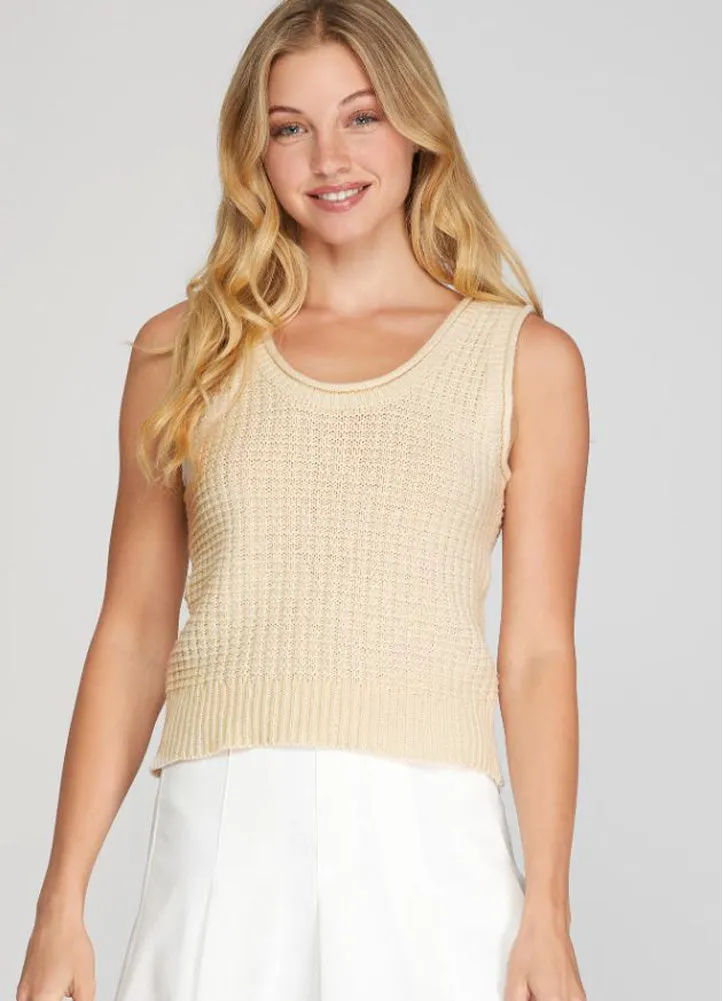 Sleeveless Textured Sweater Top in Taupe by She   Sky