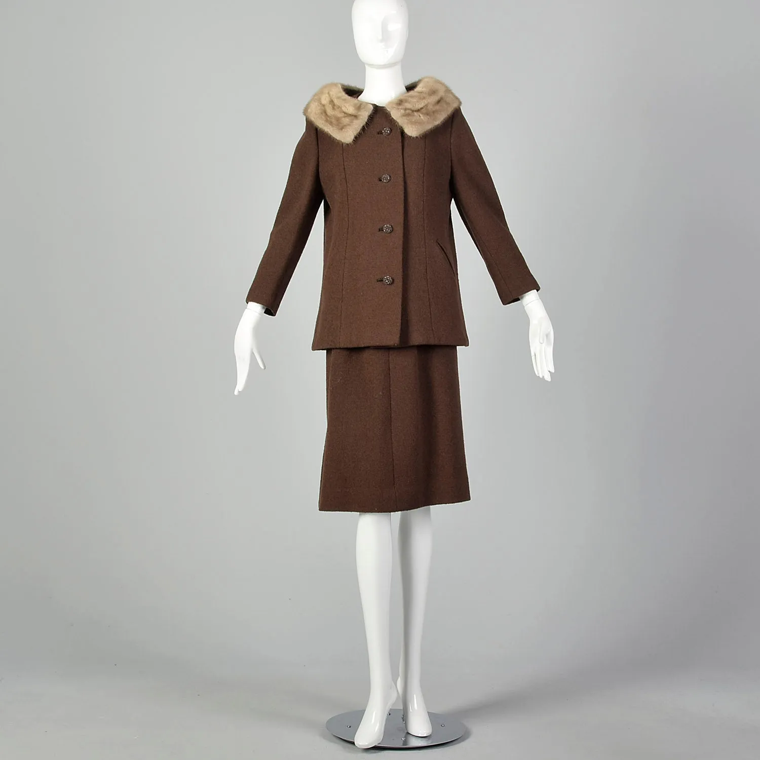 Small 1960s Brown Tweed Skirt Suit with Mink Collar