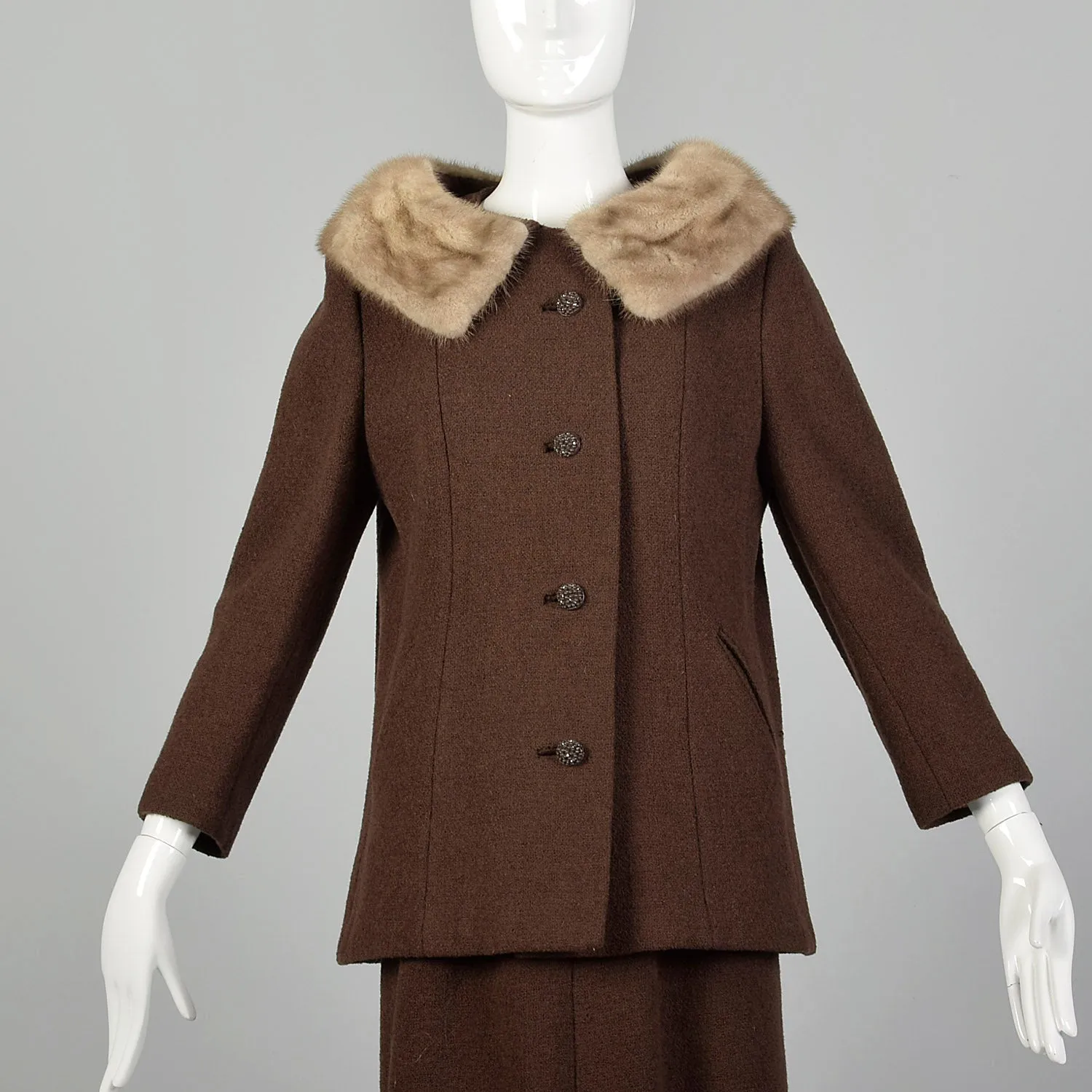 Small 1960s Brown Tweed Skirt Suit with Mink Collar