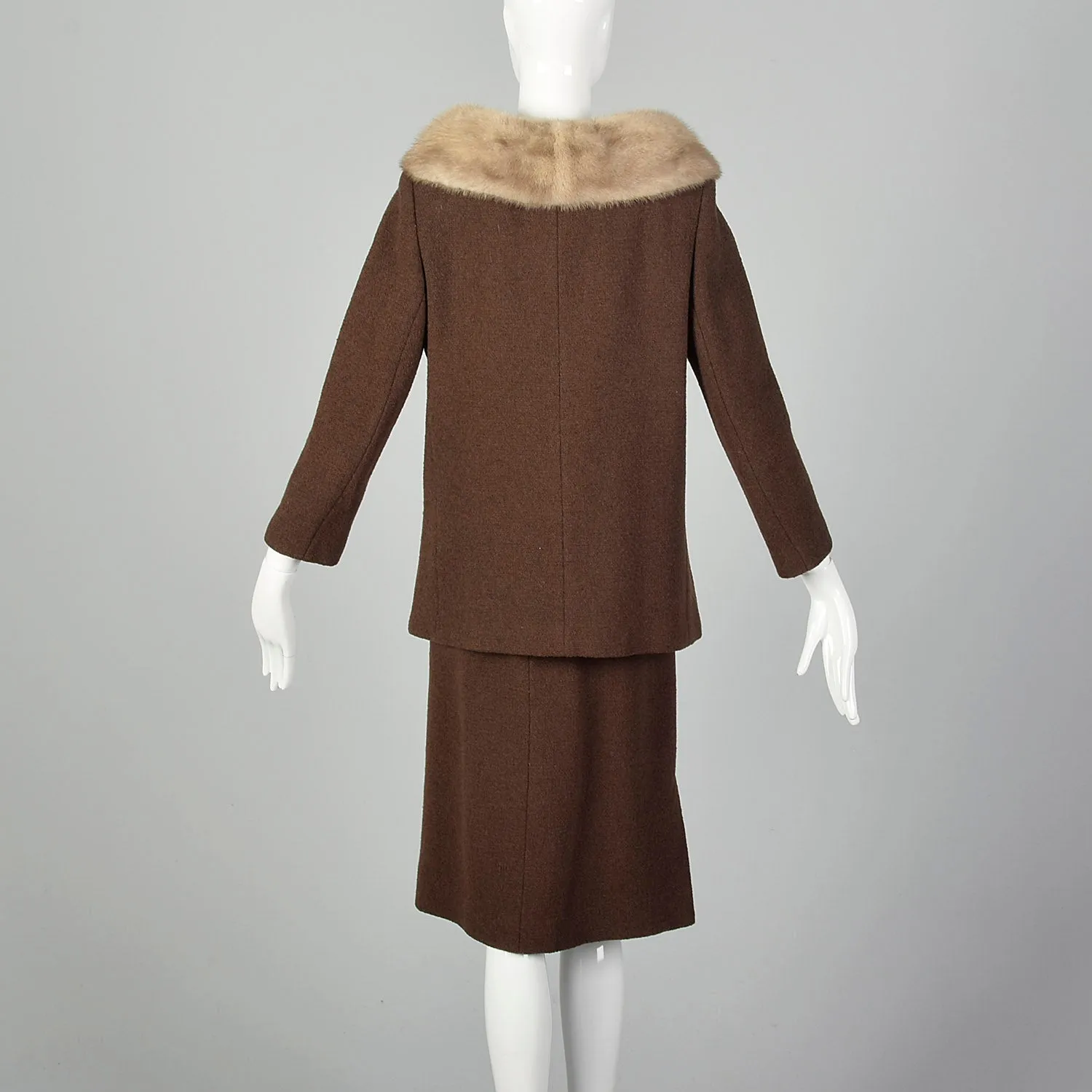 Small 1960s Brown Tweed Skirt Suit with Mink Collar