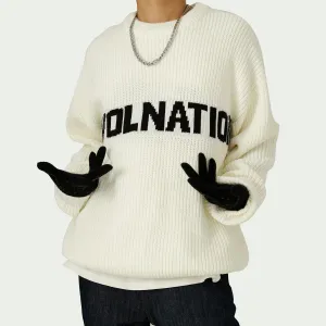 Solid Color Loose Knit Round Neck Letter Sweater - White, Khaki, Green