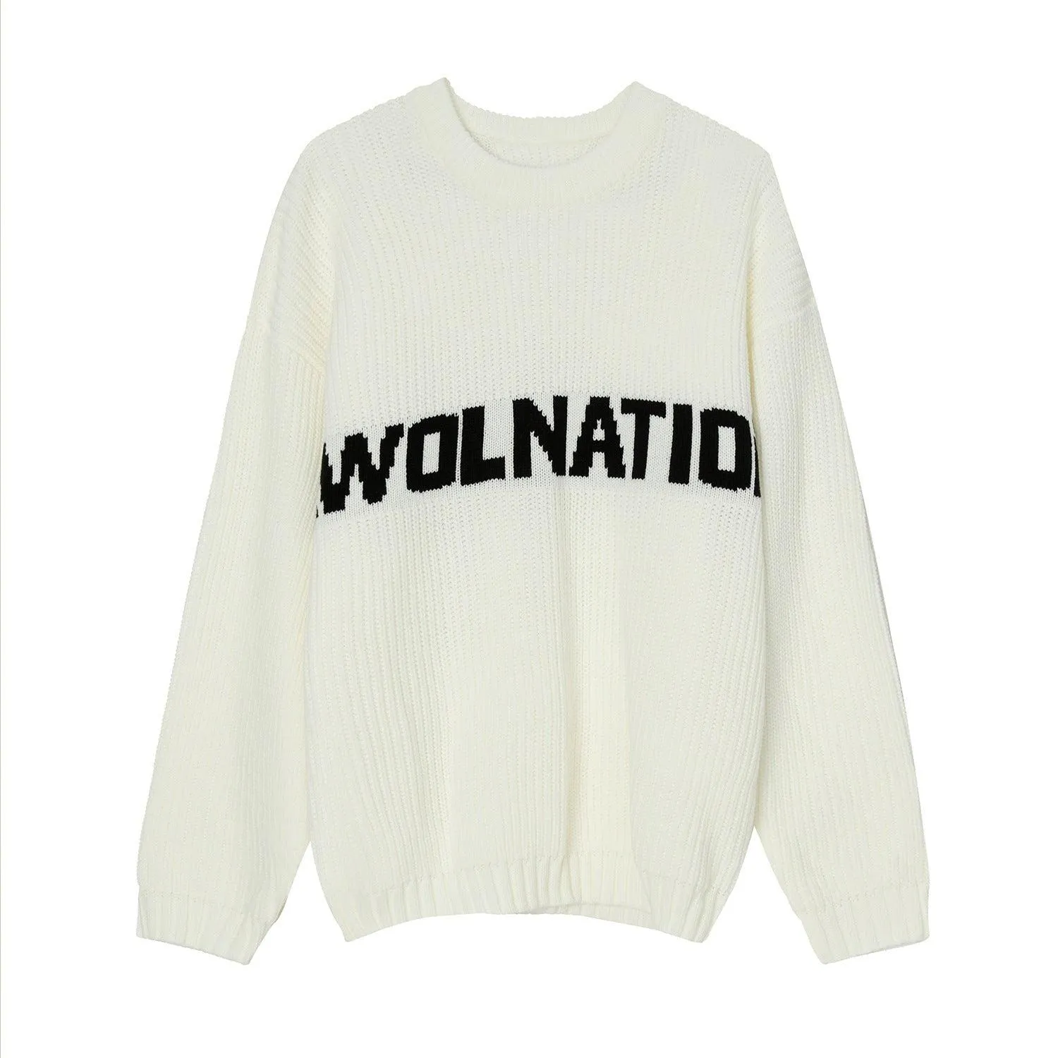 Solid Color Loose Knit Round Neck Letter Sweater - White, Khaki, Green