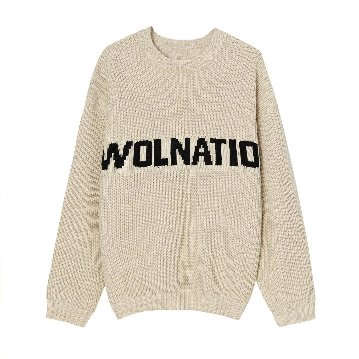 Solid Color Loose Knit Round Neck Letter Sweater - White, Khaki, Green