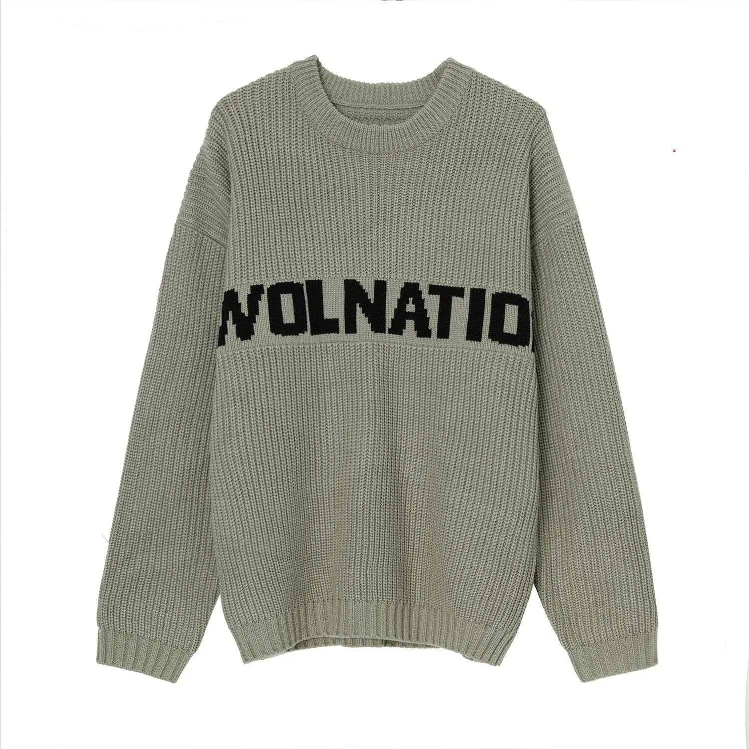 Solid Color Loose Knit Round Neck Letter Sweater - White, Khaki, Green