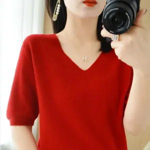 Solid Color V-neck Half-sleeved Knitted Cashmere Sweater Thin Casual Top