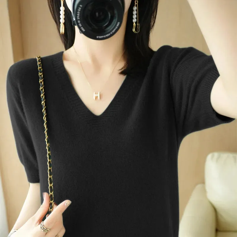 Solid Color V-neck Half-sleeved Knitted Cashmere Sweater Thin Casual Top