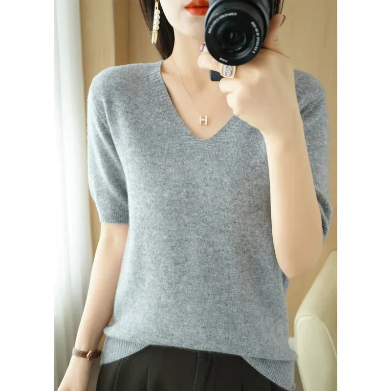 Solid Color V-neck Half-sleeved Knitted Cashmere Sweater Thin Casual Top