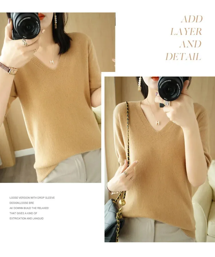 Solid Color V-neck Half-sleeved Knitted Cashmere Sweater Thin Casual Top