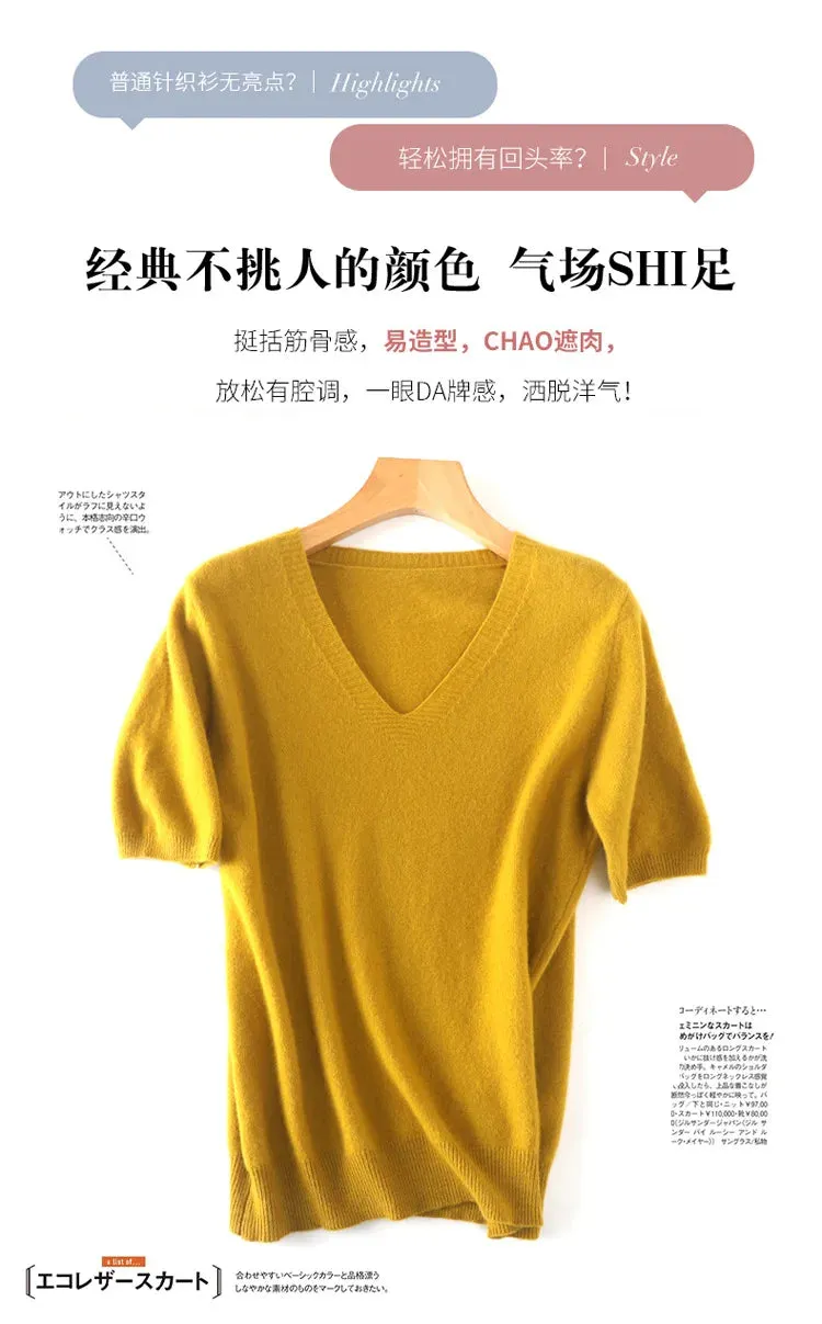 Solid Color V-neck Half-sleeved Knitted Cashmere Sweater Thin Casual Top