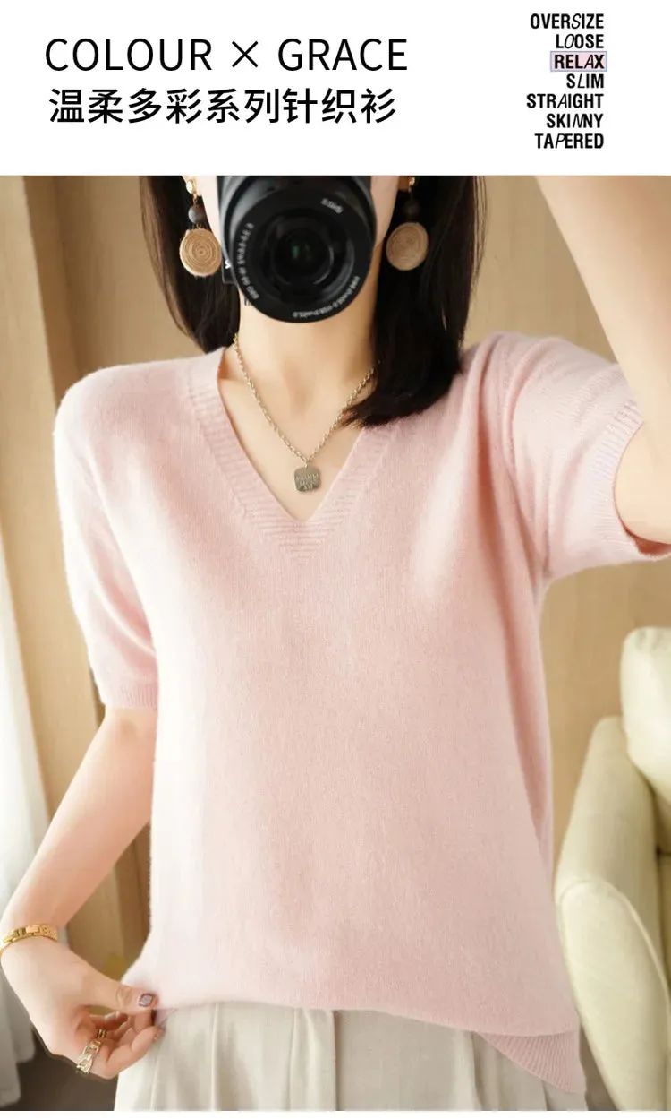 Solid Color V-neck Half-sleeved Knitted Cashmere Sweater Thin Casual Top