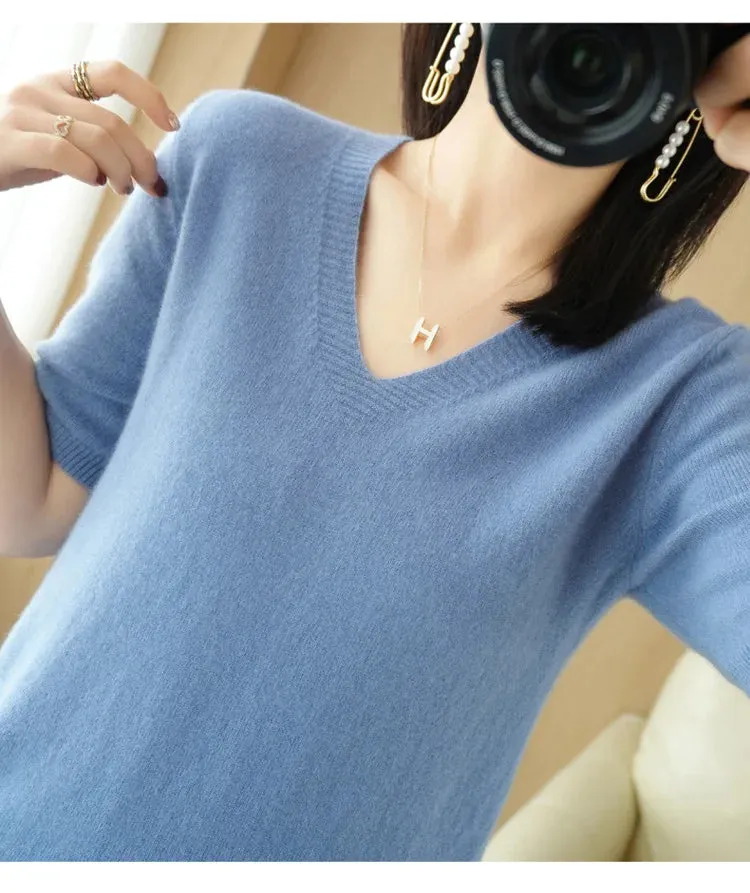 Solid Color V-neck Half-sleeved Knitted Cashmere Sweater Thin Casual Top