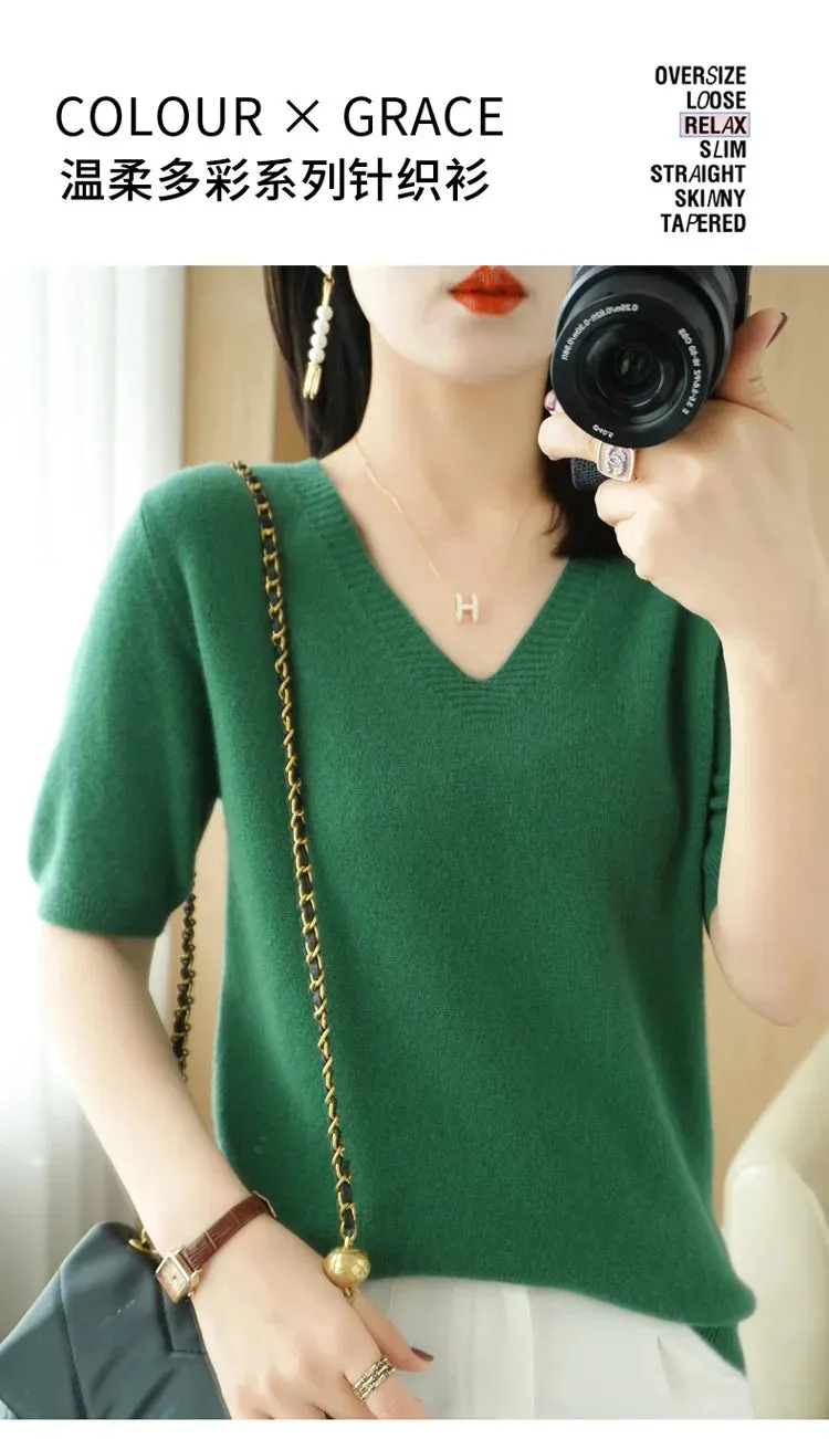 Solid Color V-neck Half-sleeved Knitted Cashmere Sweater Thin Casual Top