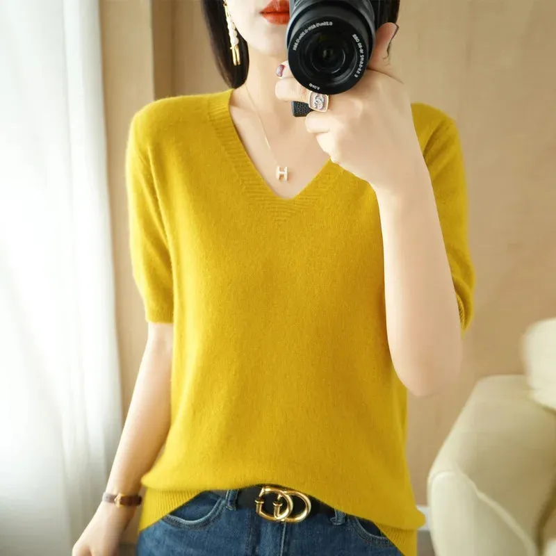 Solid Color V-neck Half-sleeved Knitted Cashmere Sweater Thin Casual Top