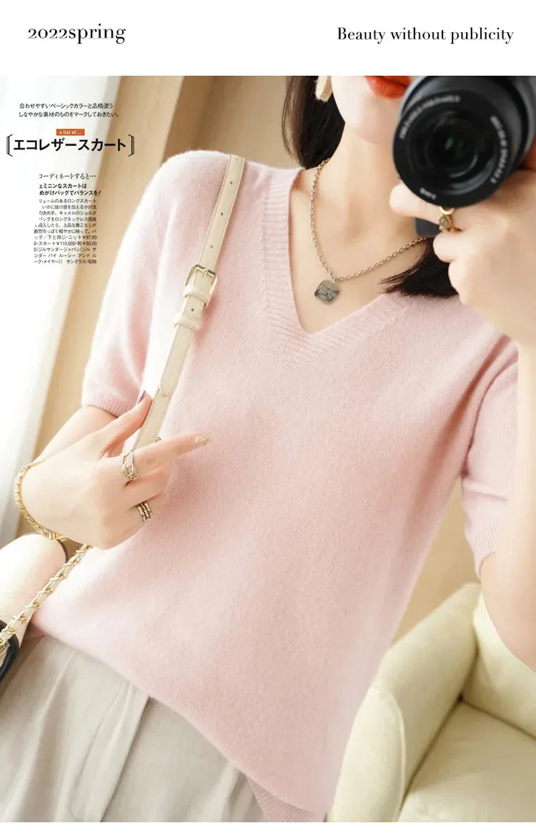 Solid Color V-neck Half-sleeved Knitted Cashmere Sweater Thin Casual Top