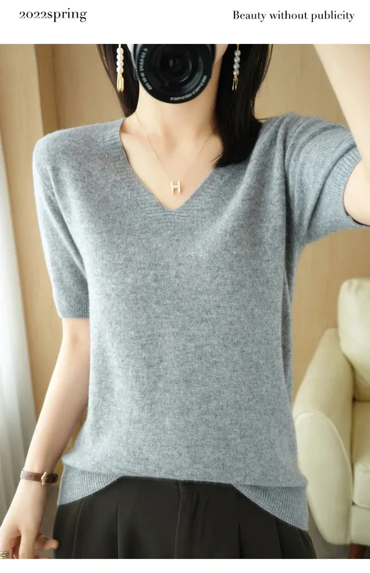 Solid Color V-neck Half-sleeved Knitted Cashmere Sweater Thin Casual Top