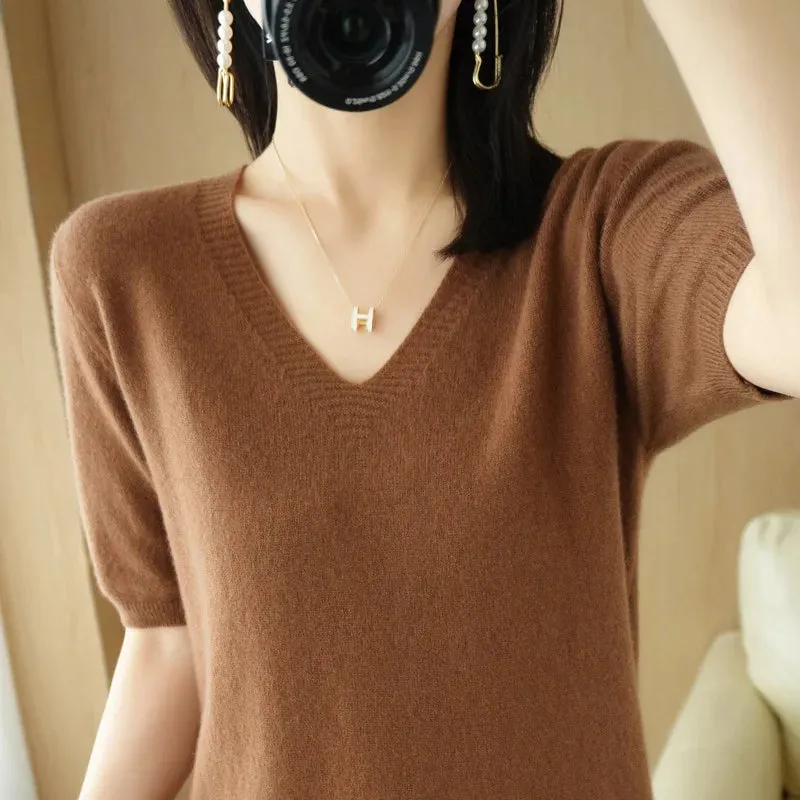 Solid Color V-neck Half-sleeved Knitted Cashmere Sweater Thin Casual Top