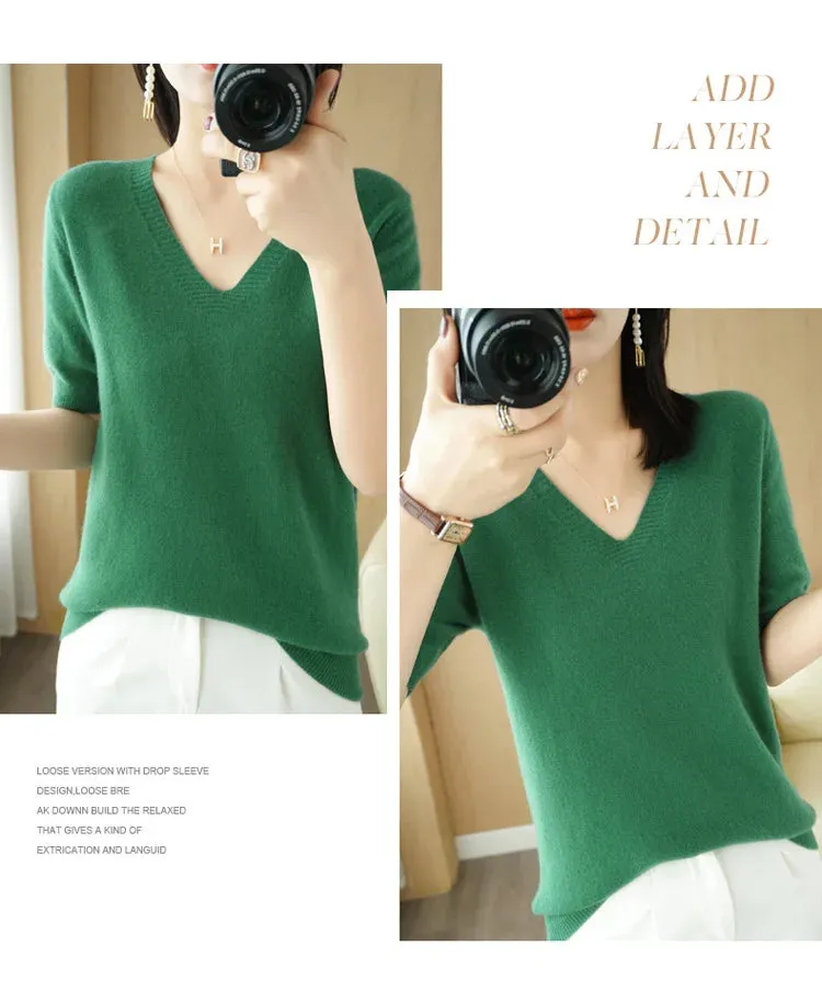 Solid Color V-neck Half-sleeved Knitted Cashmere Sweater Thin Casual Top