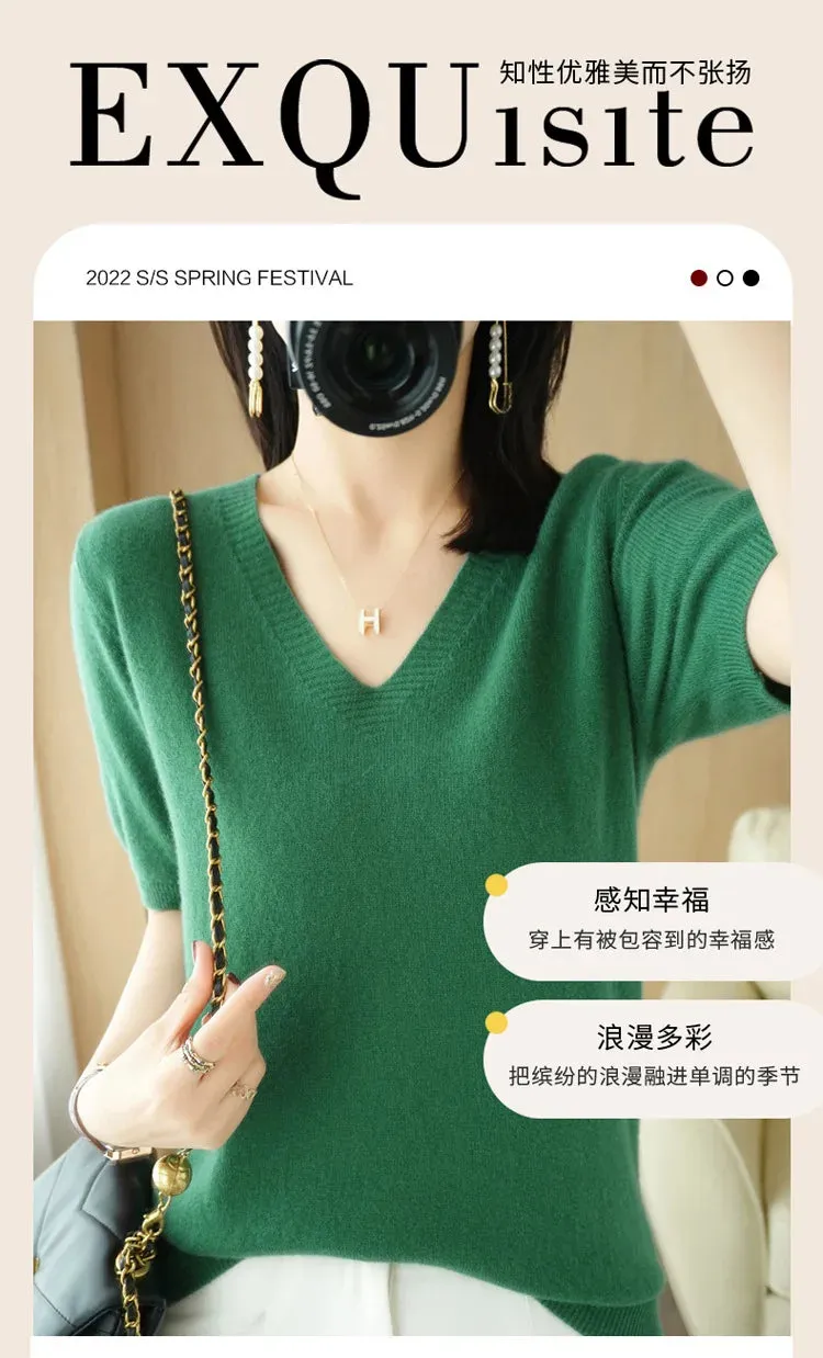 Solid Color V-neck Half-sleeved Knitted Cashmere Sweater Thin Casual Top