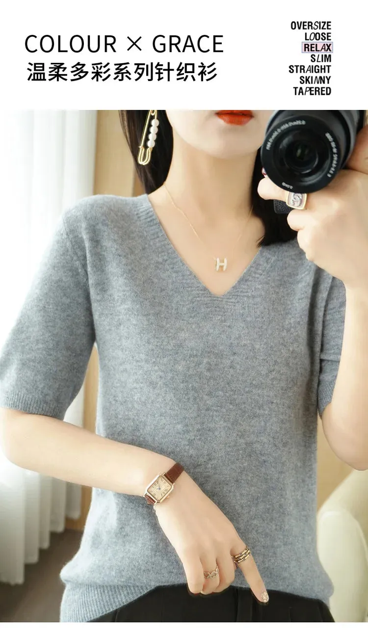 Solid Color V-neck Half-sleeved Knitted Cashmere Sweater Thin Casual Top