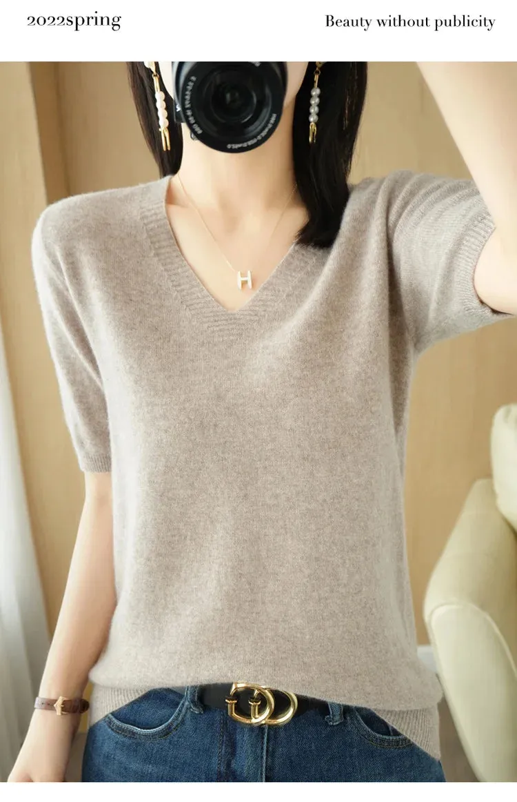 Solid Color V-neck Half-sleeved Knitted Cashmere Sweater Thin Casual Top