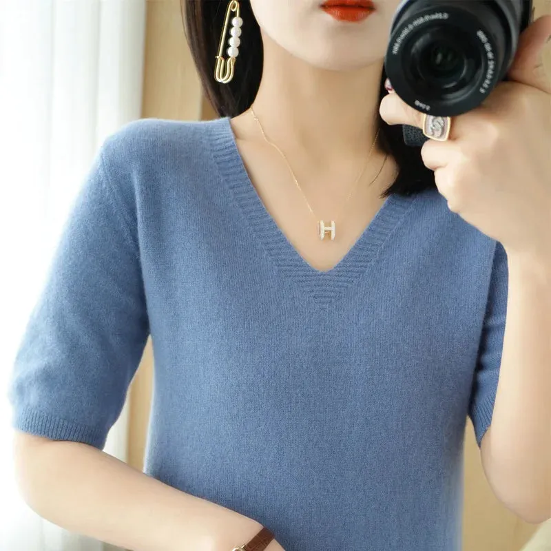 Solid Color V-neck Half-sleeved Knitted Cashmere Sweater Thin Casual Top