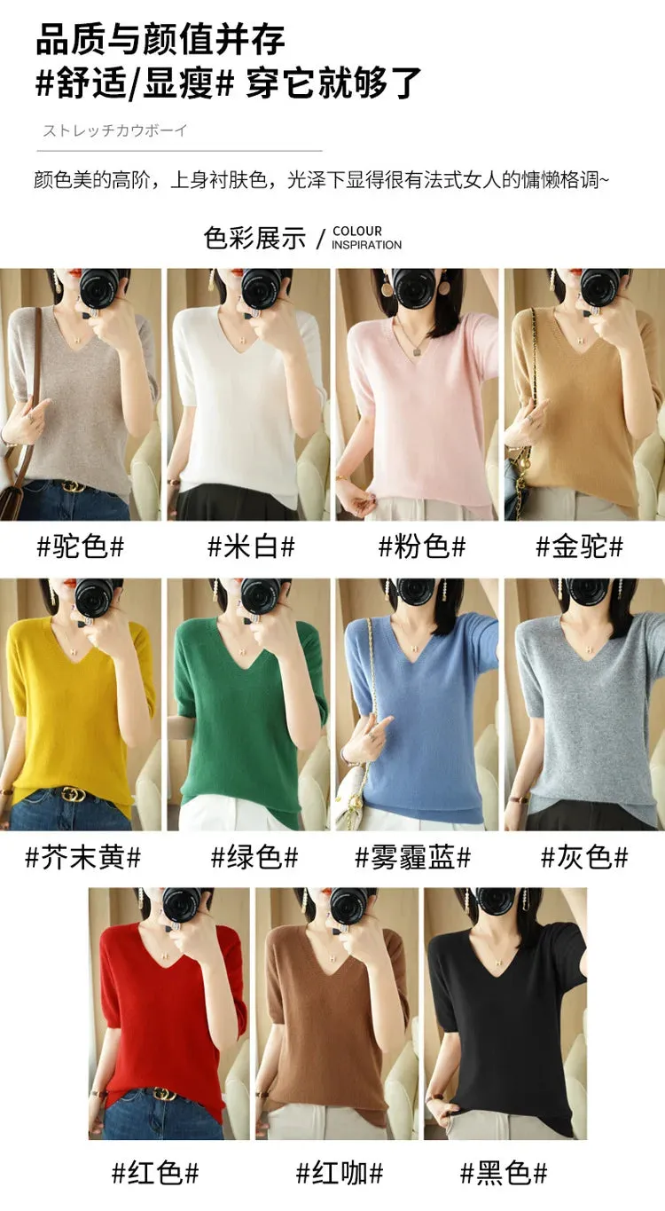 Solid Color V-neck Half-sleeved Knitted Cashmere Sweater Thin Casual Top