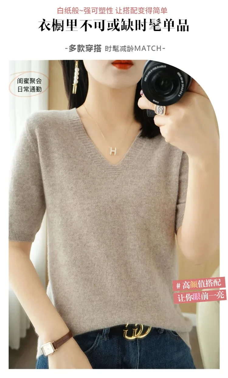 Solid Color V-neck Half-sleeved Knitted Cashmere Sweater Thin Casual Top