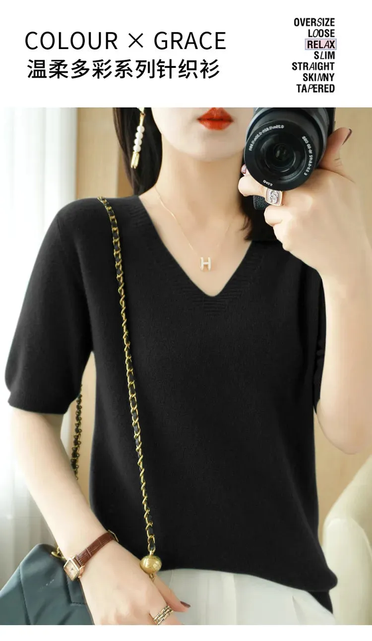 Solid Color V-neck Half-sleeved Knitted Cashmere Sweater Thin Casual Top